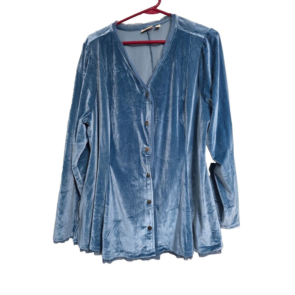 LOGO Lori Goldstein XL Womens Tunic Top Blue Velvet Pockets Button Up Blouse